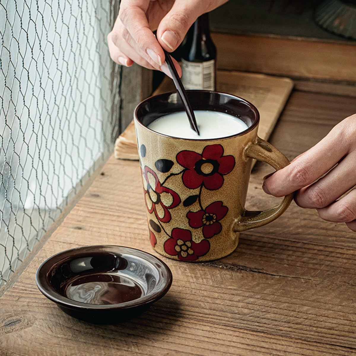 12 oz Vintage Handpainted Floral Ceramic Mug with Lid & Spoon