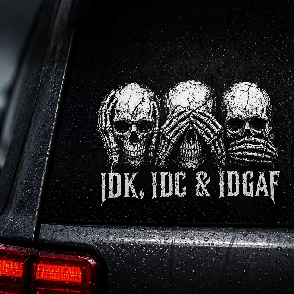 IDK. IDC & IDGAF Skull-Themed Car Decal