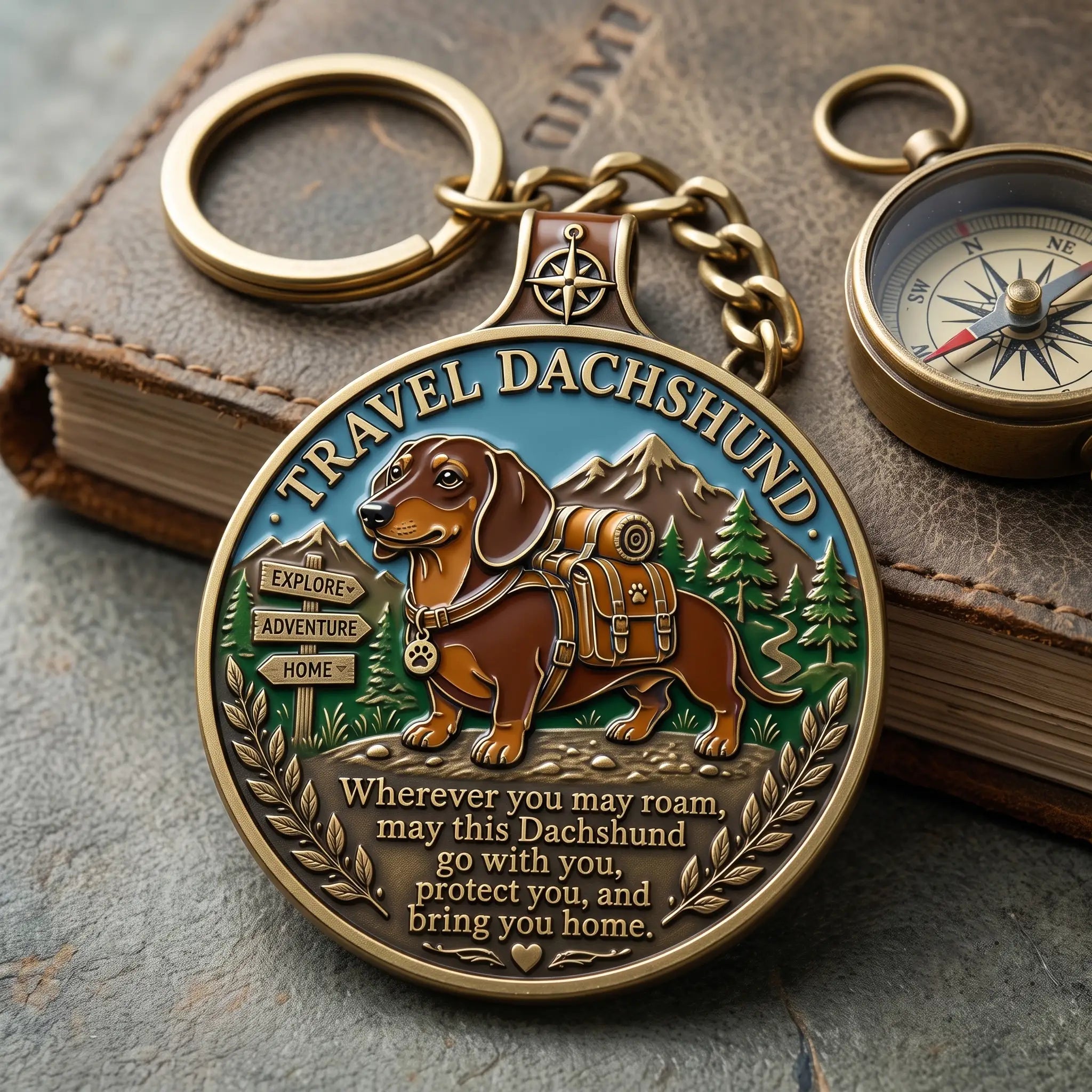 Travel Dachshund Wanderlust Explorer Keyring